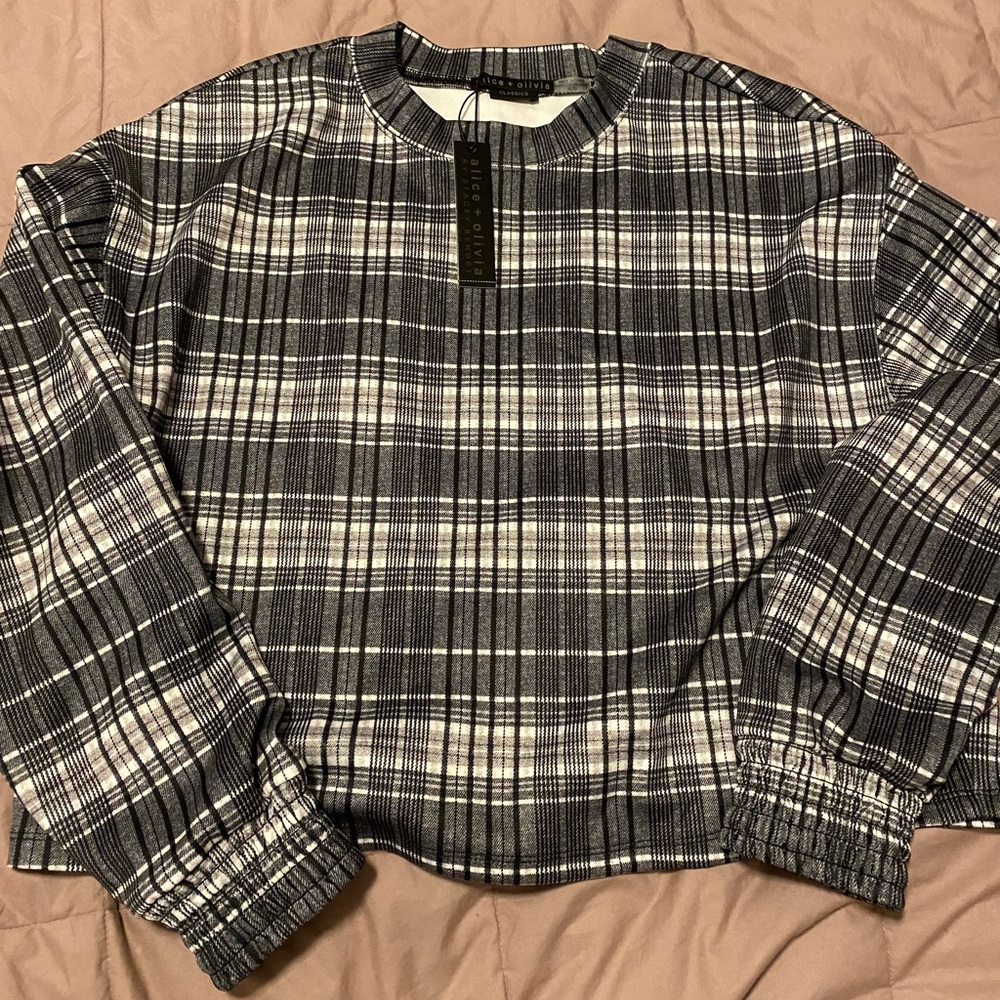Alice + Olivia Black and White Plaid Long Sleeve Top